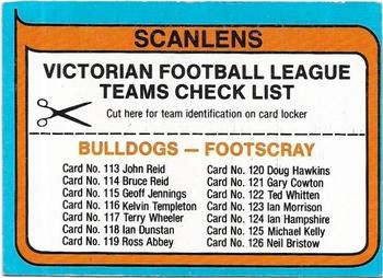 1980 Scanlens VFL #NNO Footscray Checklist Front